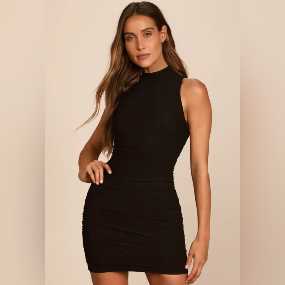 Lulu’s Modern Movement Black Mesh Ruched Mock Neck Mini Dress